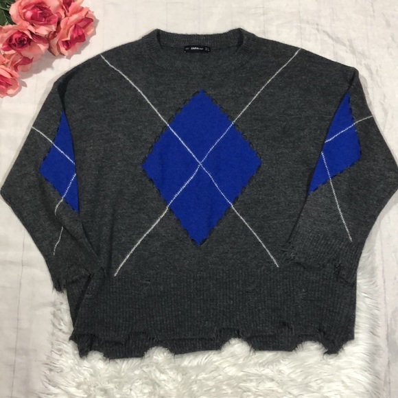 Zara Open Knit Argyle Diamond Distressed Raw Hem Knit Sweater - Picture 5 of 16